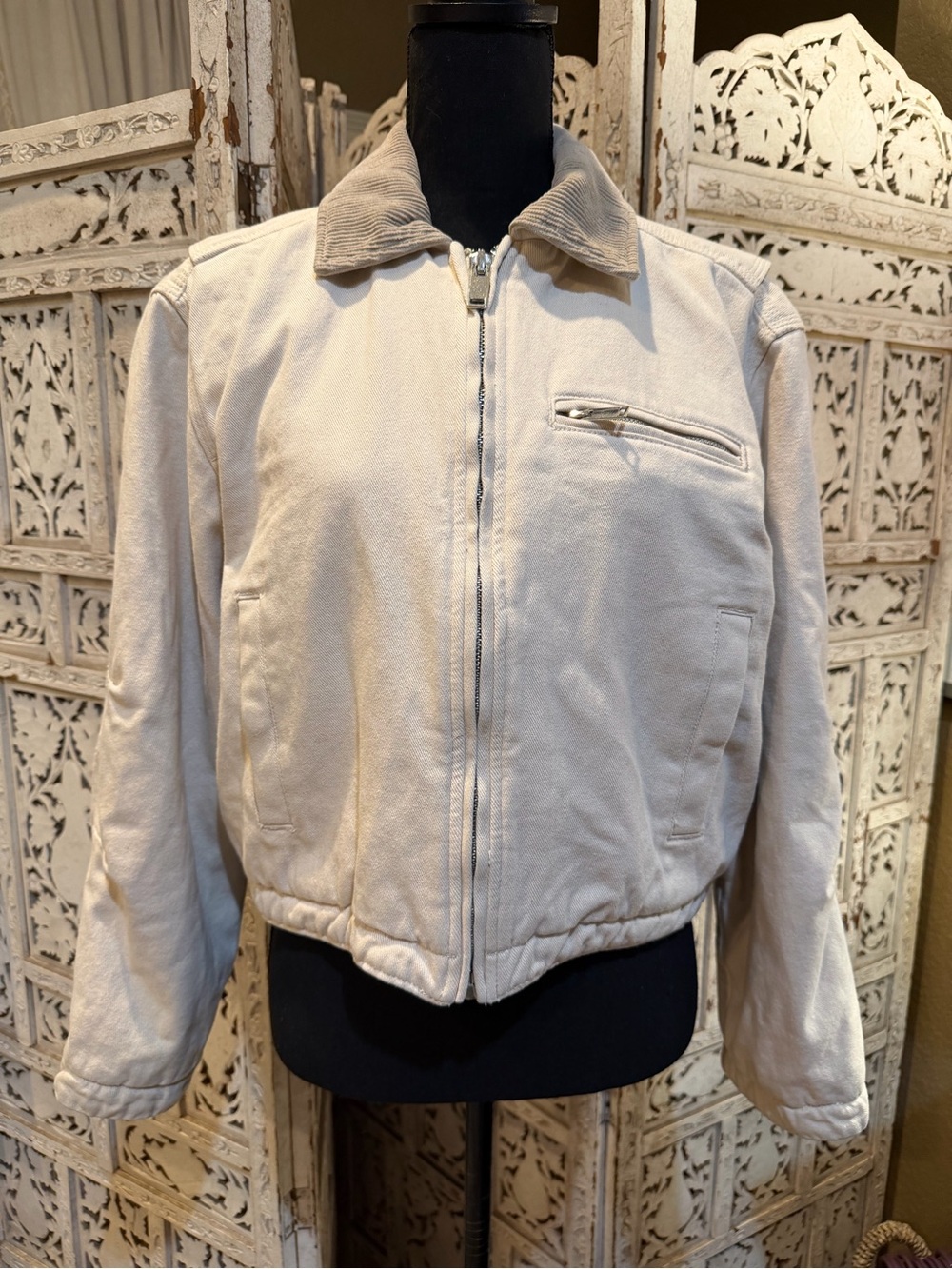 Abercrombie & Fitch Beige Bomber Jacket with Corduroy Collar